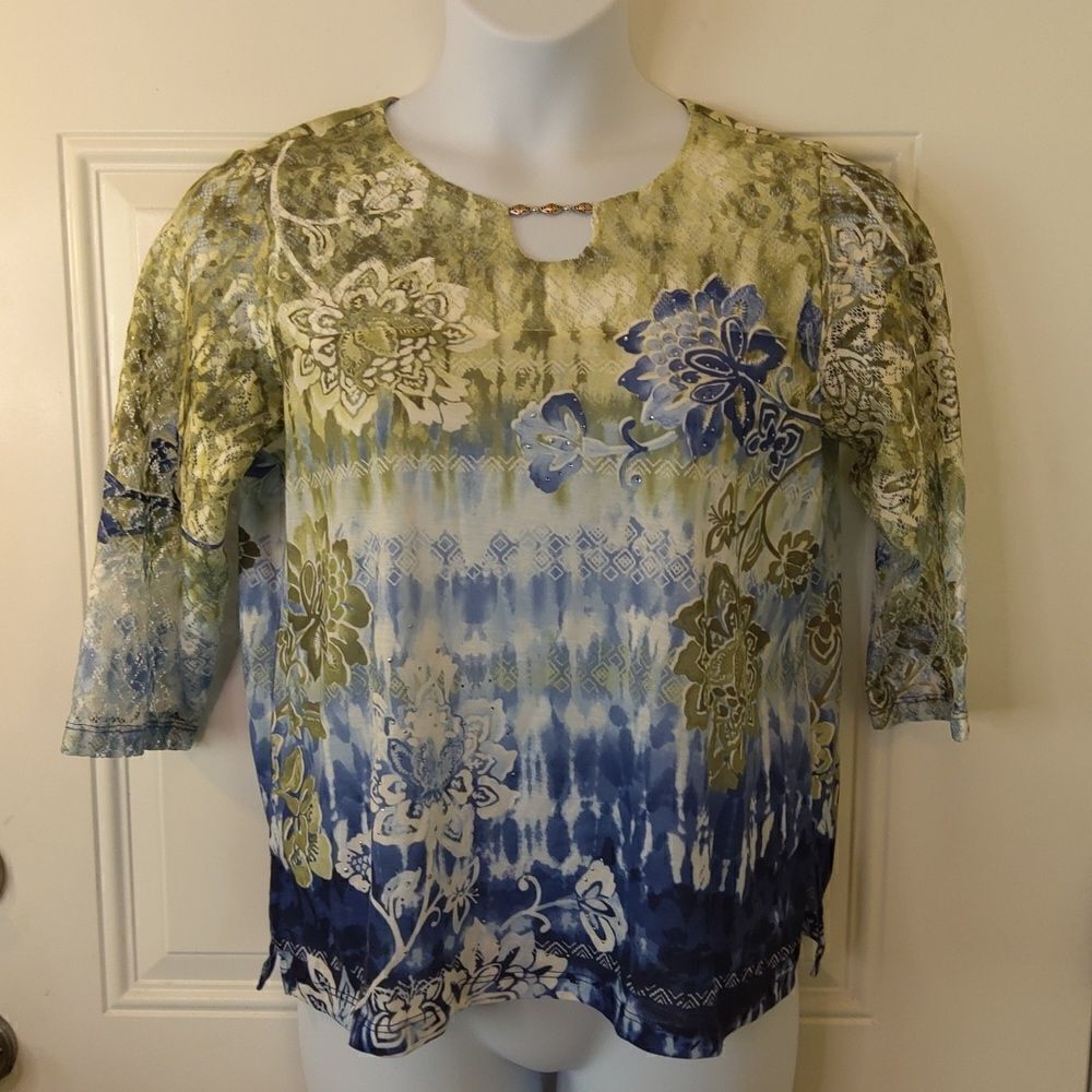 Alfred Dunner printed 3/4 lace sleeve studded blouse